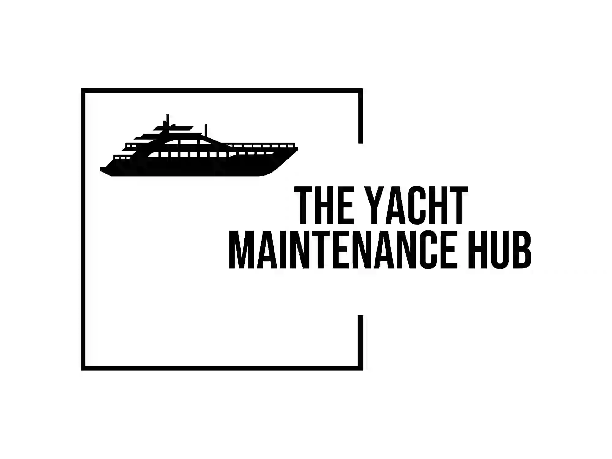 The yacht maintenance hub logo. Black silohette of yacht in a black sqaure.