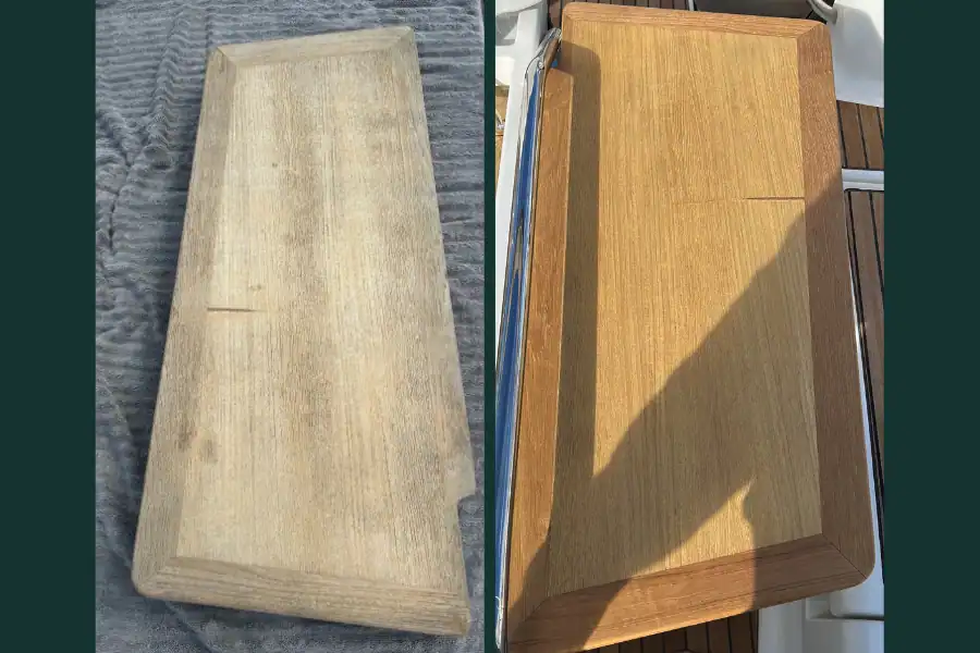  Teak table before & after clean. With 3 coats of semco teak sealer. 