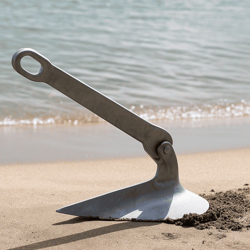 Plow boat anchor in the sand.