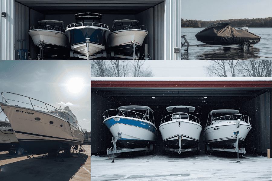 Depiction of winter boat storage in a garage, featuring multiple powerboats with varied designs and sizes.