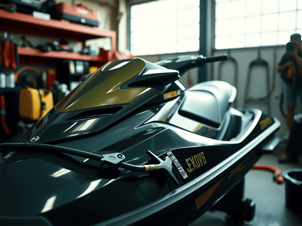 Jet ski stored in a maintenance workshop with tools and equipment in the background, focused on boat and jet ski maintenance.