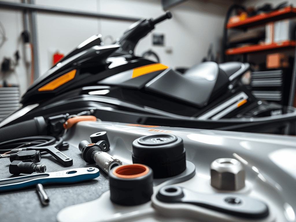 High-performance jet ski and motorcycle parts in a well-organized repair shop, emphasizing marine and recreational vehicle maintenance services for optimal performance.