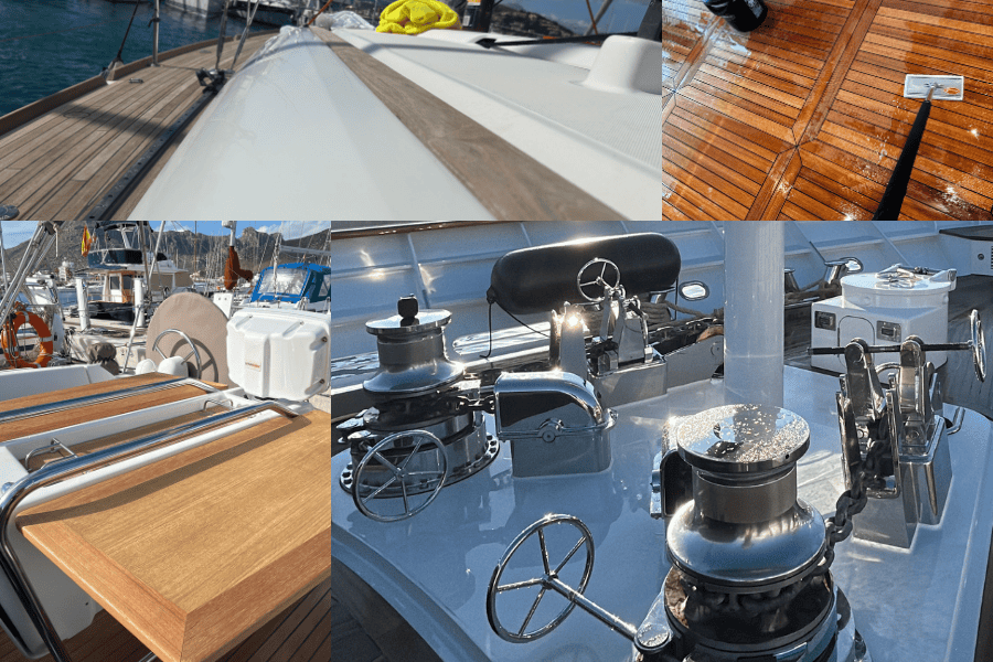 Yacht cleaning, clean yachts, Clean paint, teak being scrubbed. oiled teak table on back of sailing yacht. Shinny stainless steel anchor station