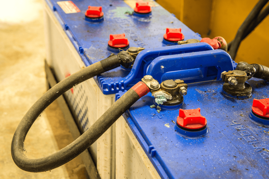 Blue boat Battery, with corroded connections.