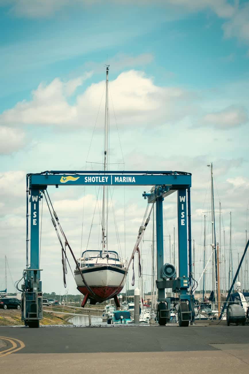 Boat being lifted out of the water at shotley marina