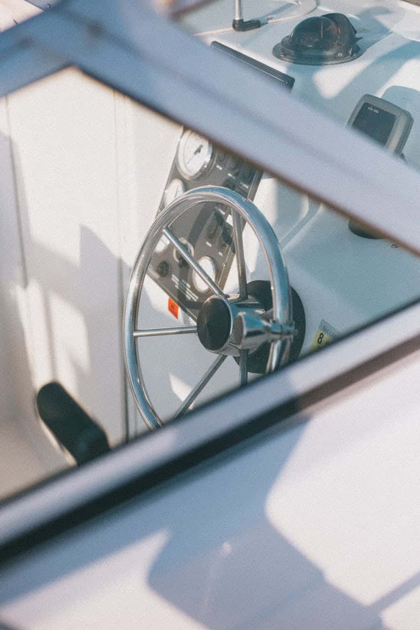 stainless steel helm of a boat