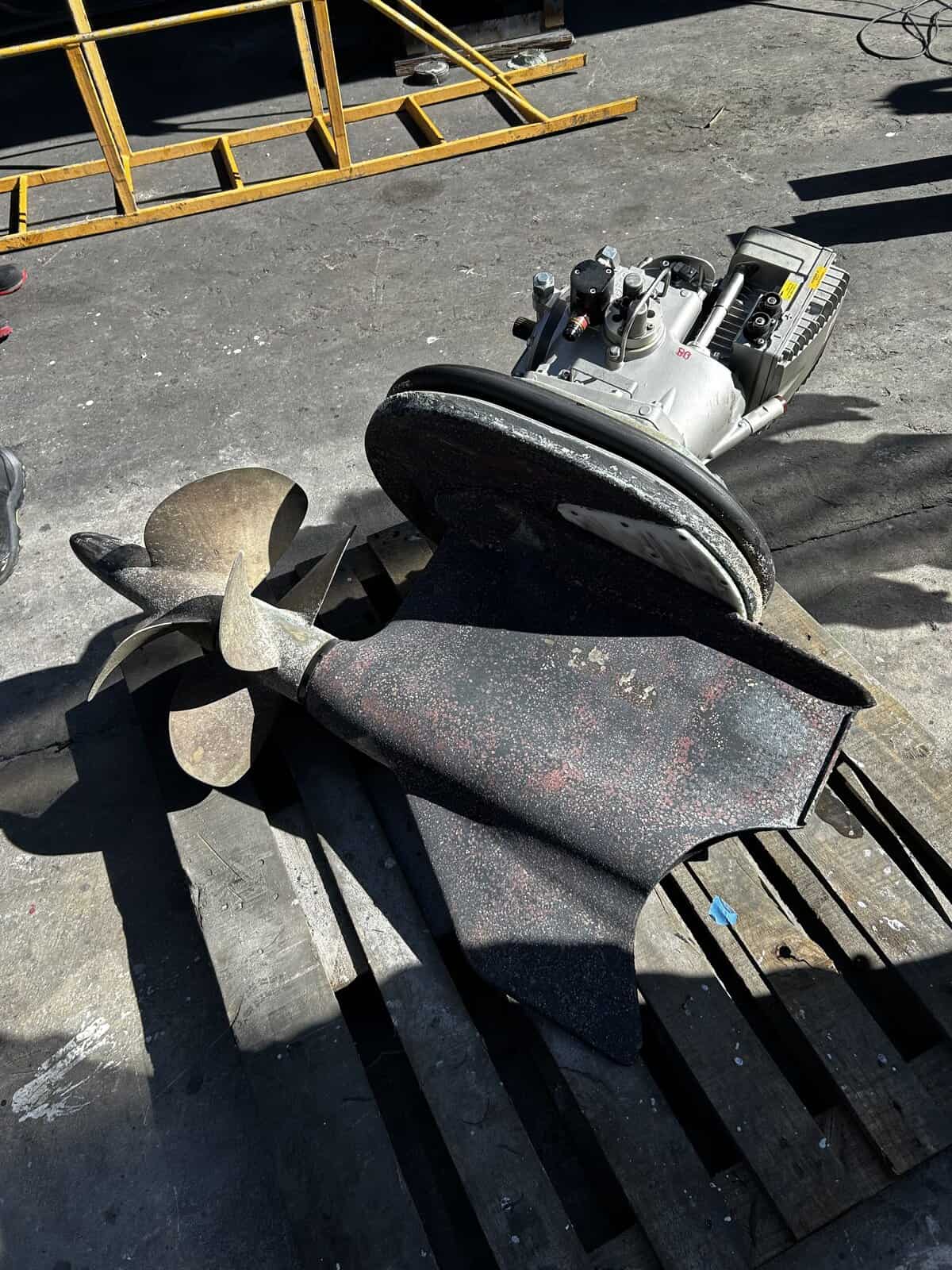 Volvo IPS drive prop being repaired. In its annual yacht maintenance service. 
