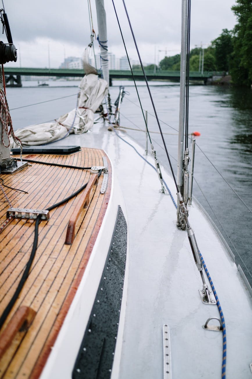 Rainy day on a sailing yacht with wrap around non skid deck. 