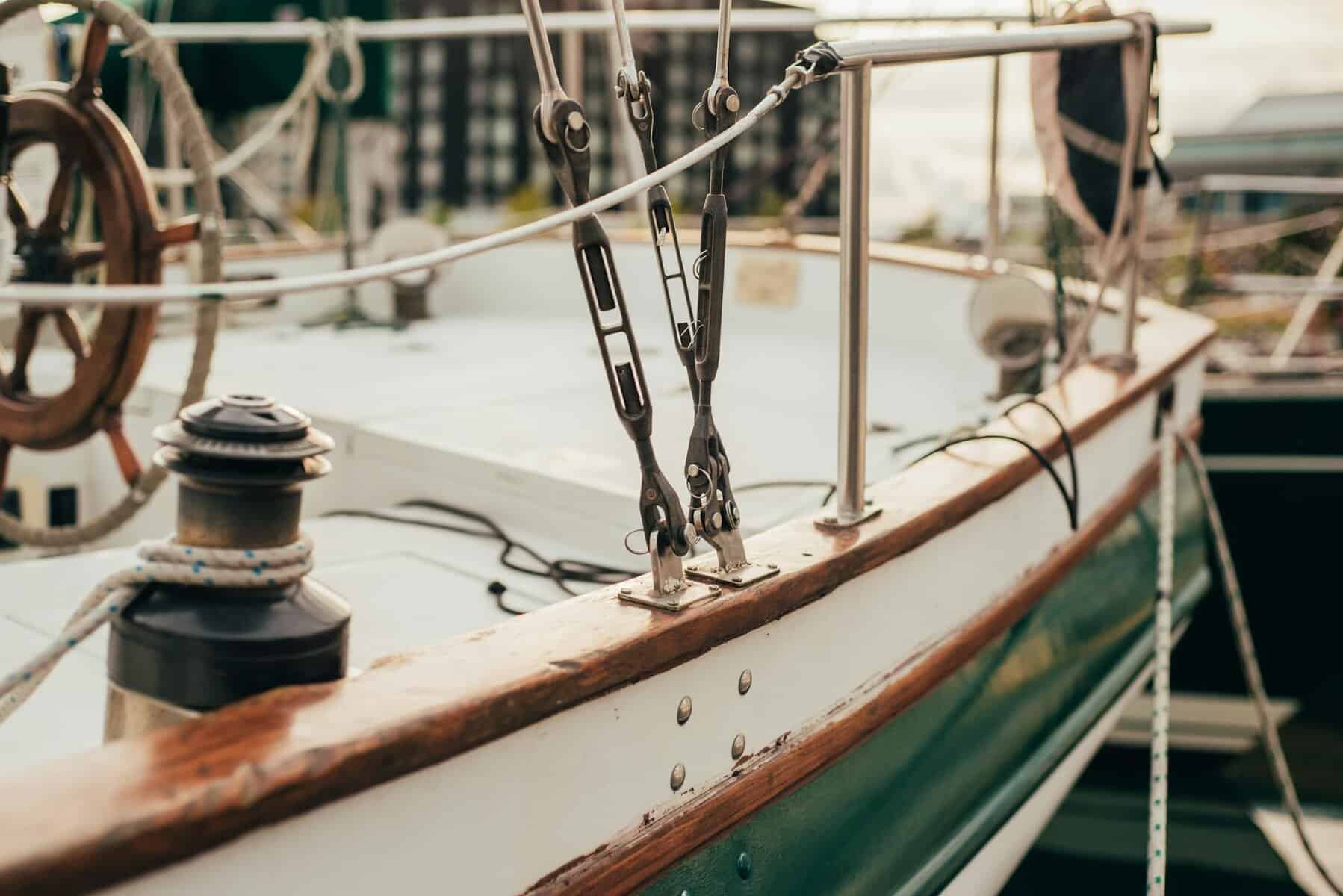 Marine Varnish capping rail on an old sailing yacht. 