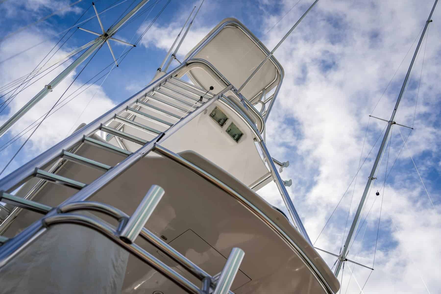 Boat stainless steel rigging on a yacht fishing tower. 