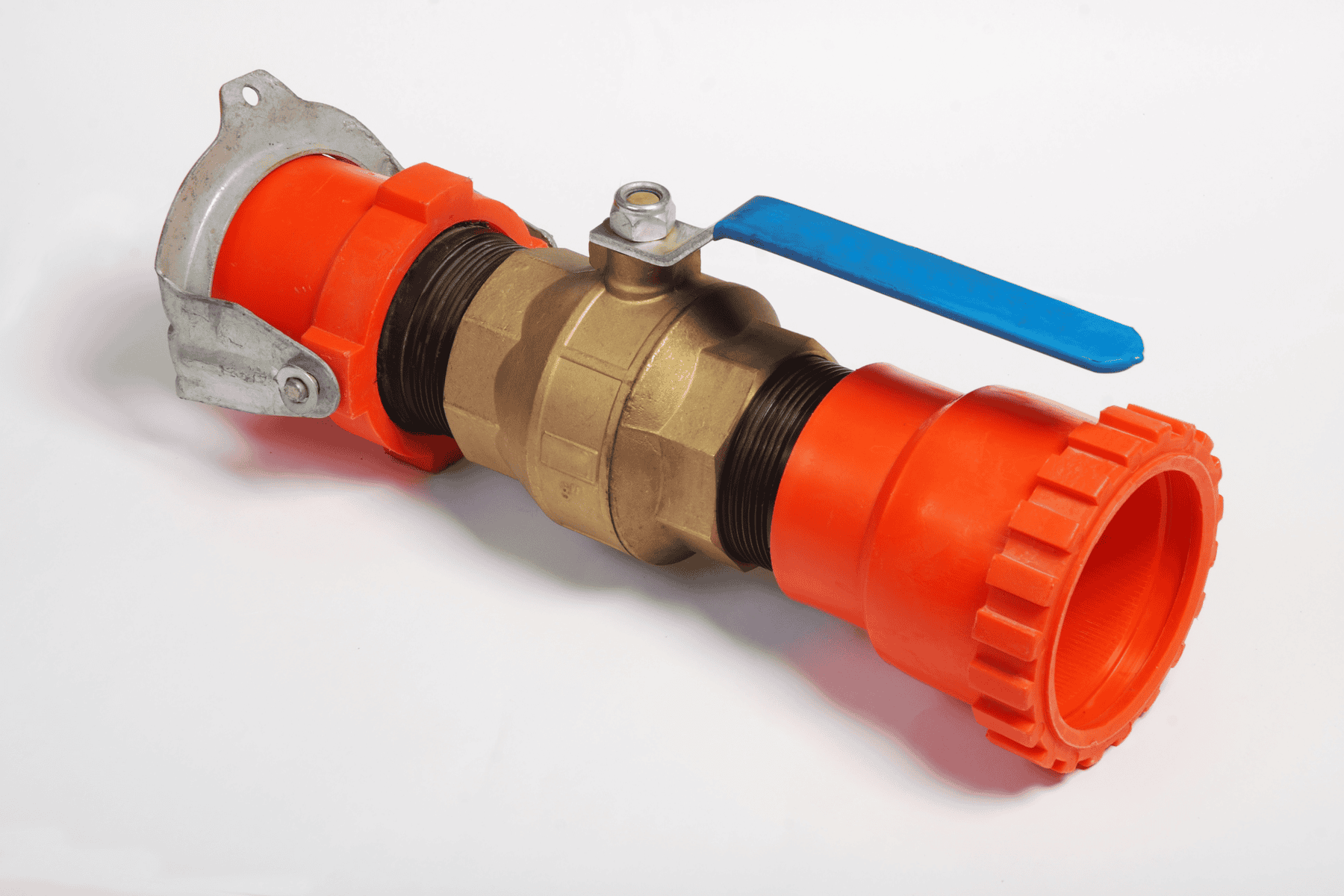 Seacock ball valve with orange plastic connectors.