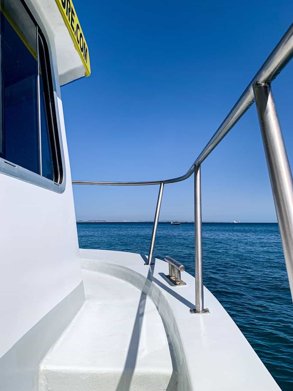 Painted yacht deck with metal handrail and cleat. 