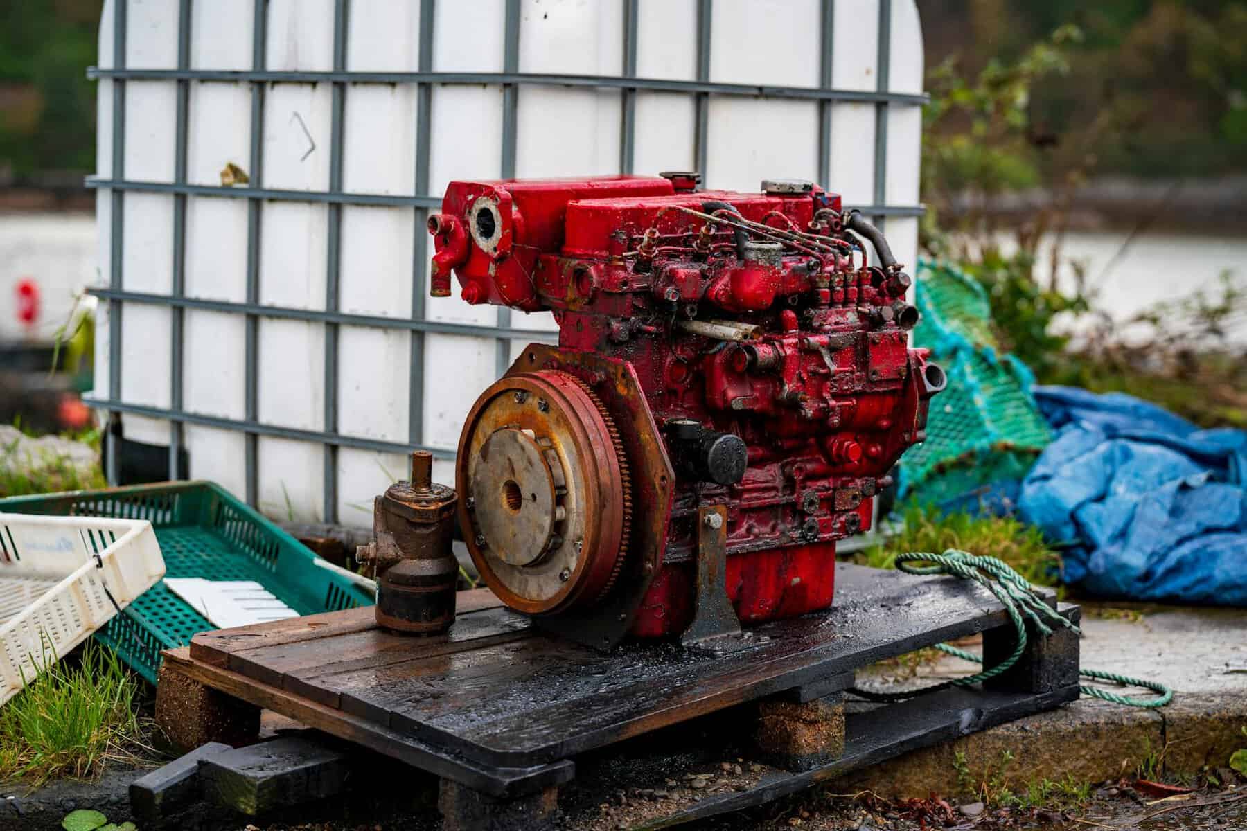 Old red diesel engine on a wood pallet. 
