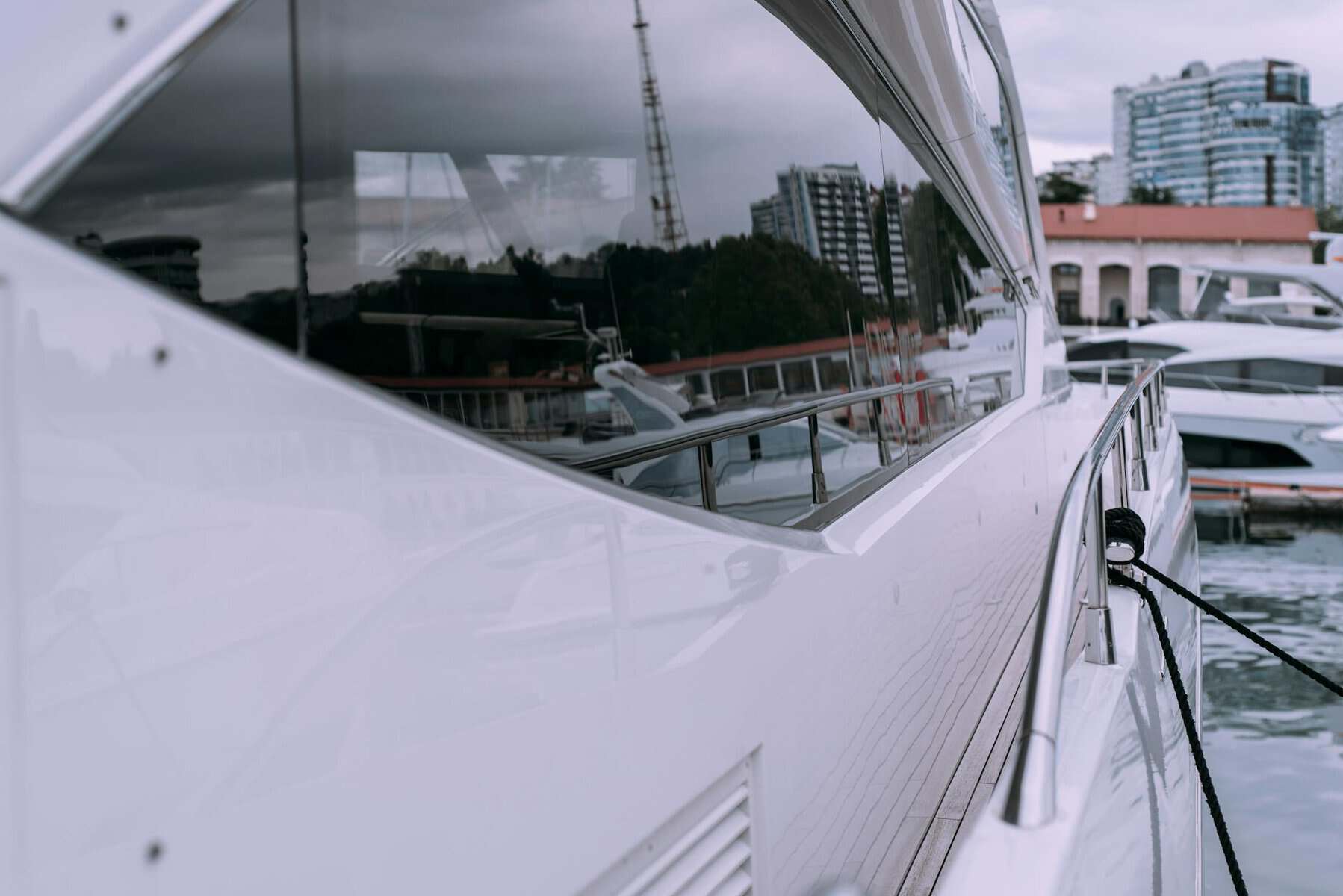 White super structure of yacht that has has boat wax applied.