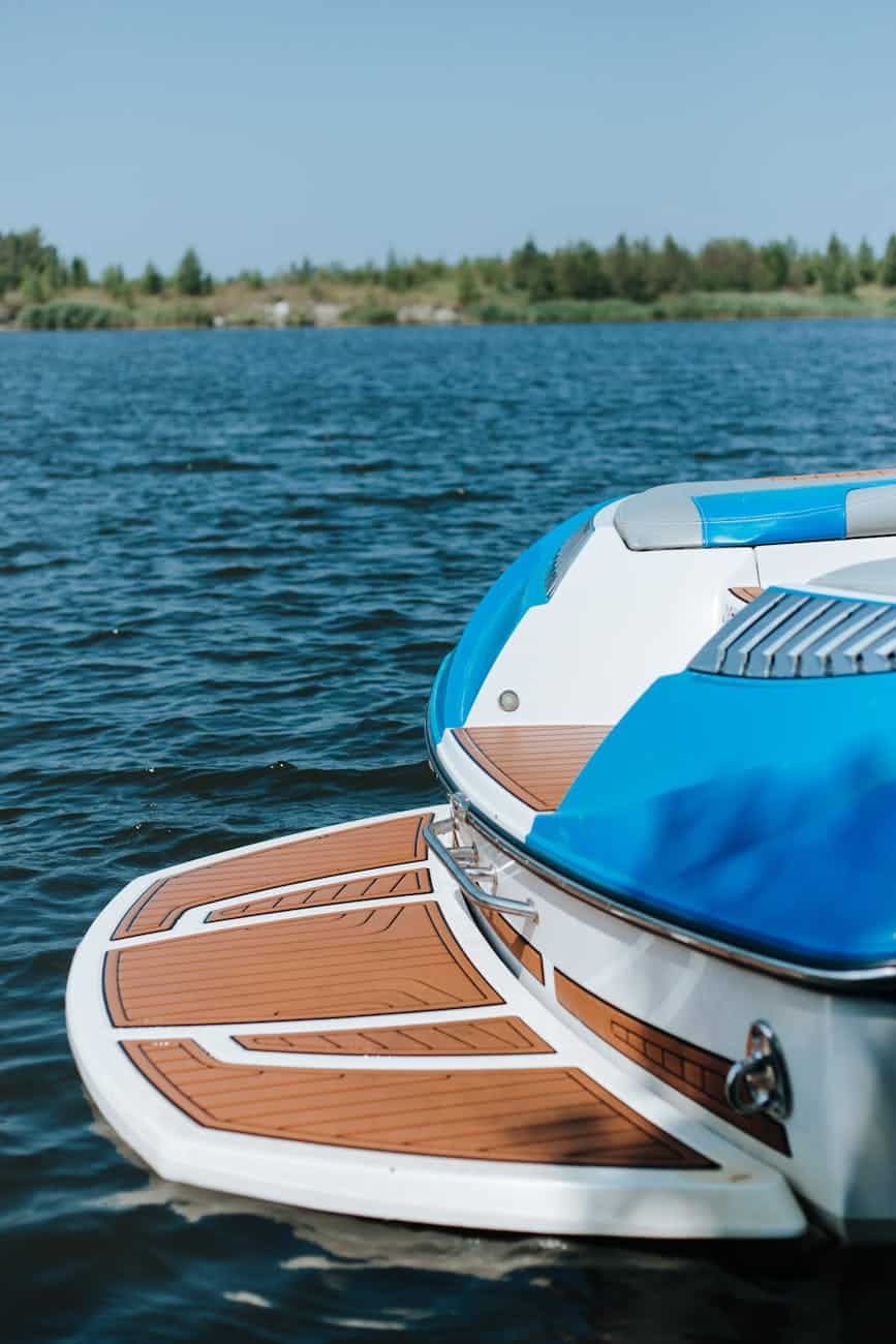 Synthetic teak deck on the swim platform of water-sports boat. 