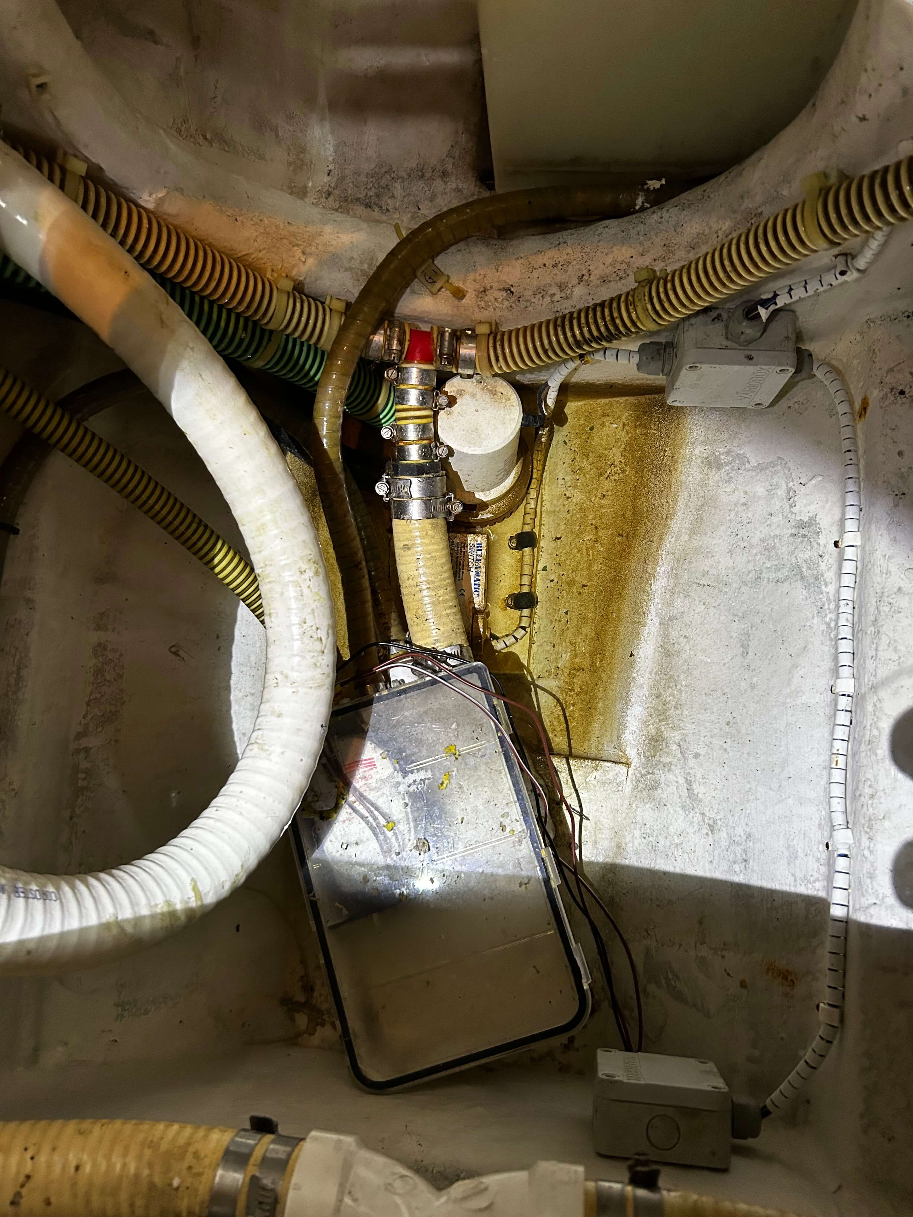 Dirty boat bilge that needs cleaning. 