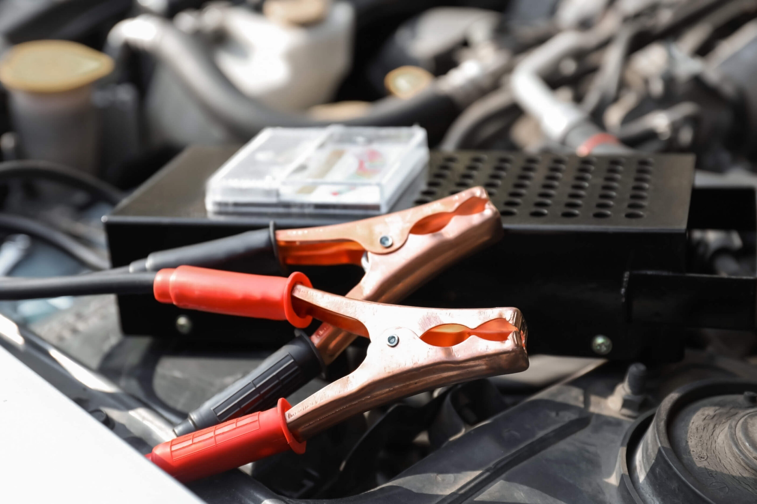 Positive and negative crocodile clips for boat battery. 