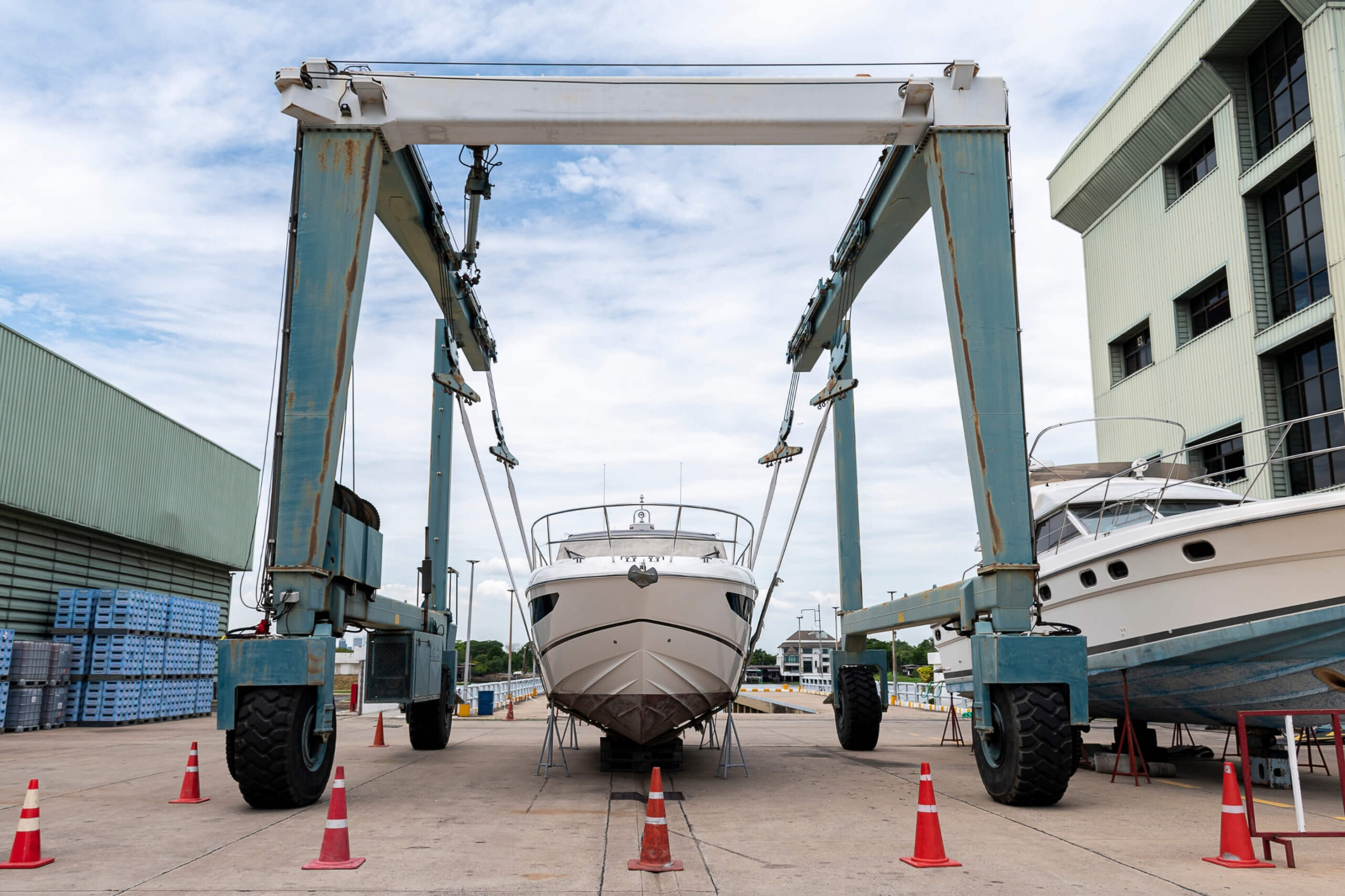 Boat haul out in process of a motor yacht. 