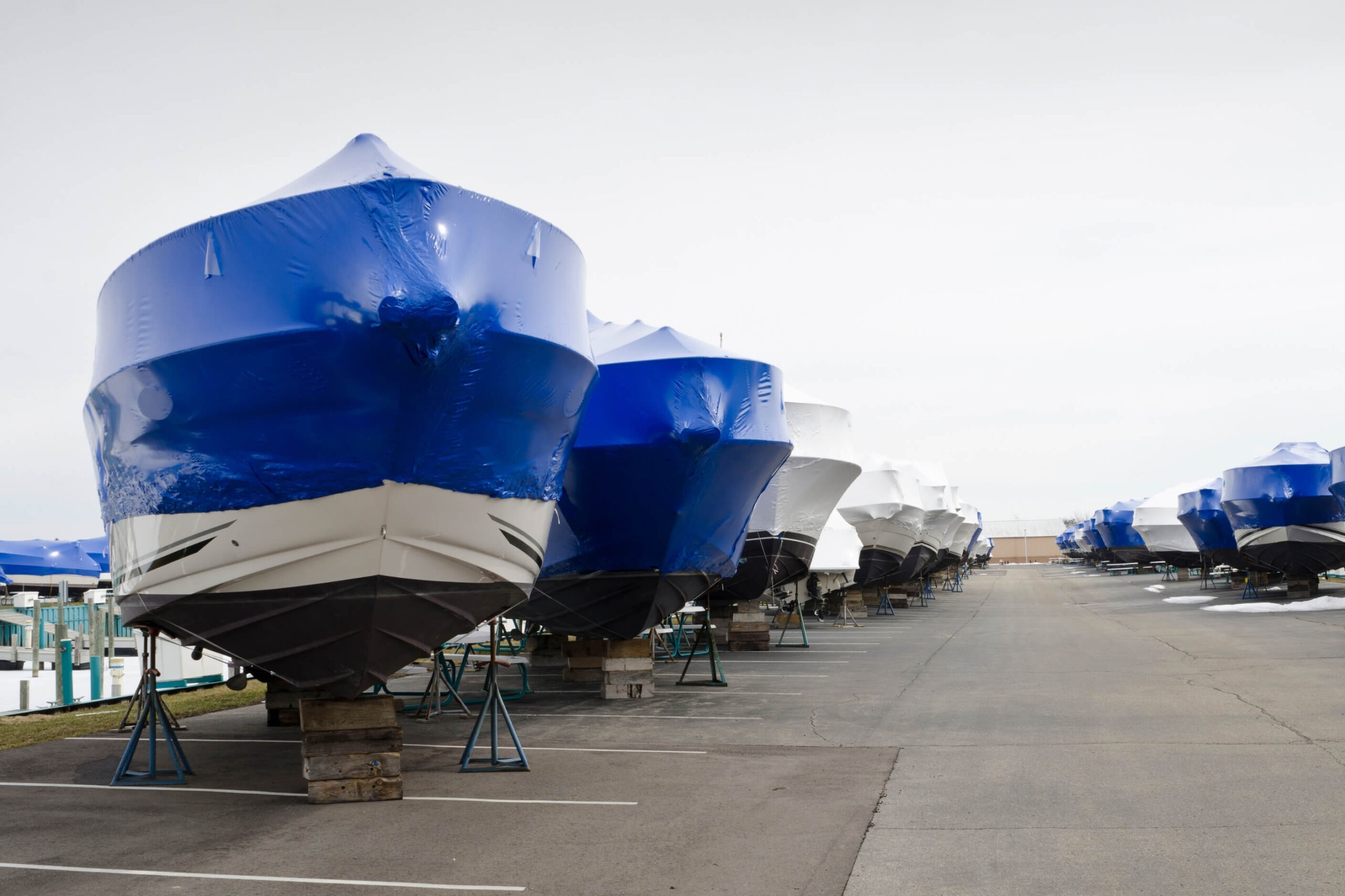 Boats in winter storage out of the water. 