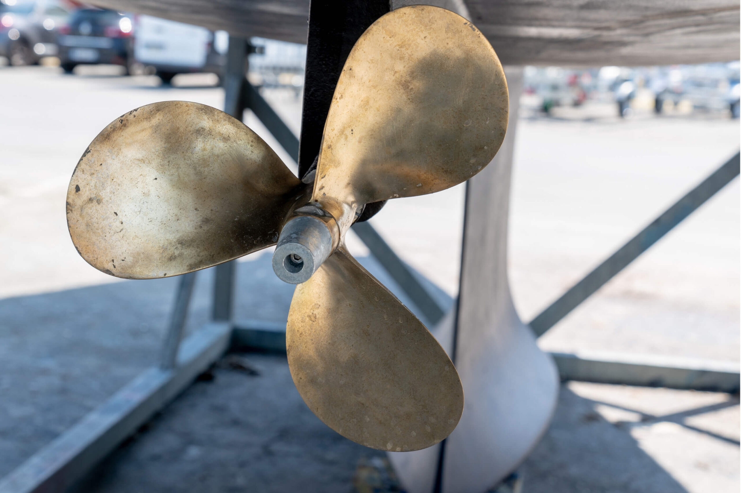 Boat propeller on a sailing yacht that has been taken out of the water. 