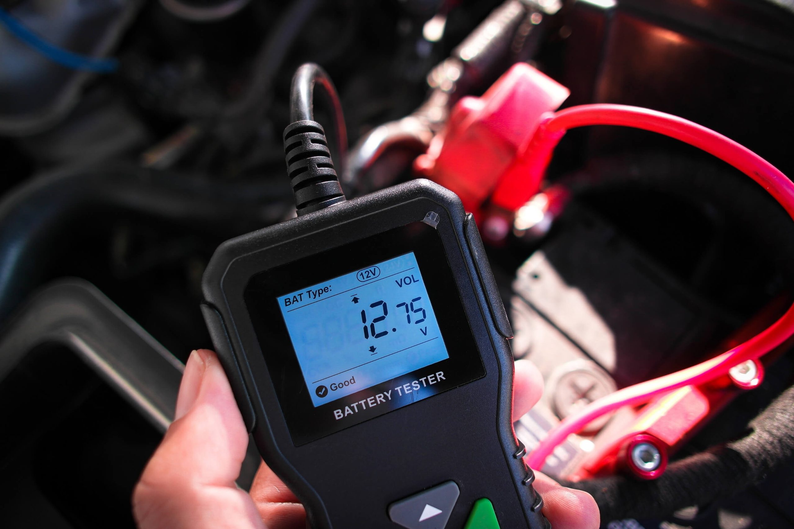 Battery tester showing a good voltage and battery health of a battery cell. 